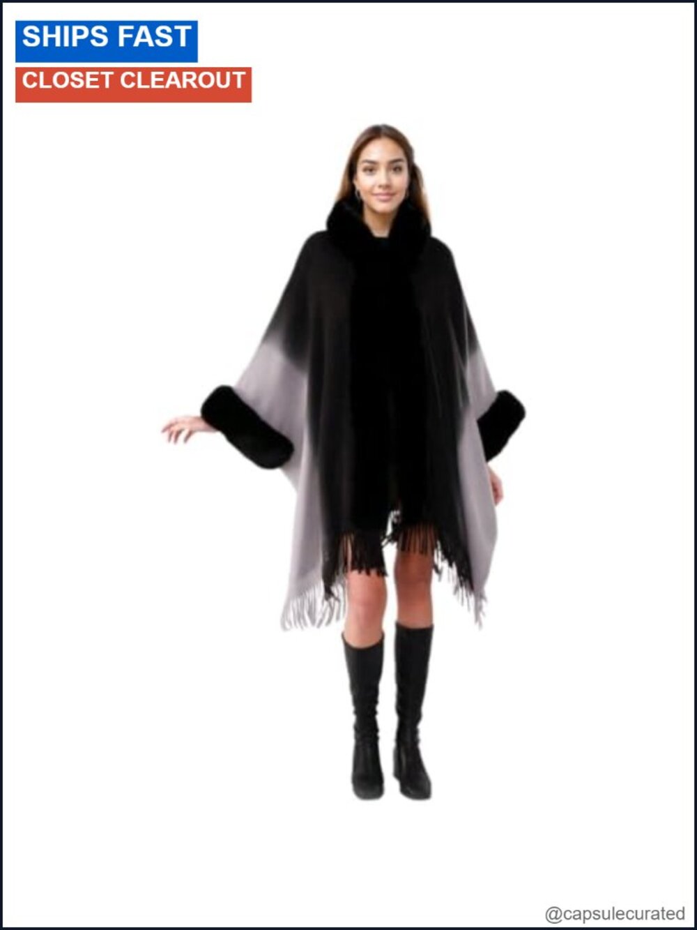 Faux Fur Trim Hooded Poncho Cape Tassel Shawl Wrap Evening Party